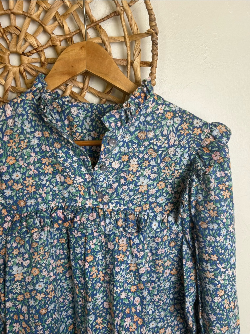 Floral Ruffle Yoke Women's Top - Blue